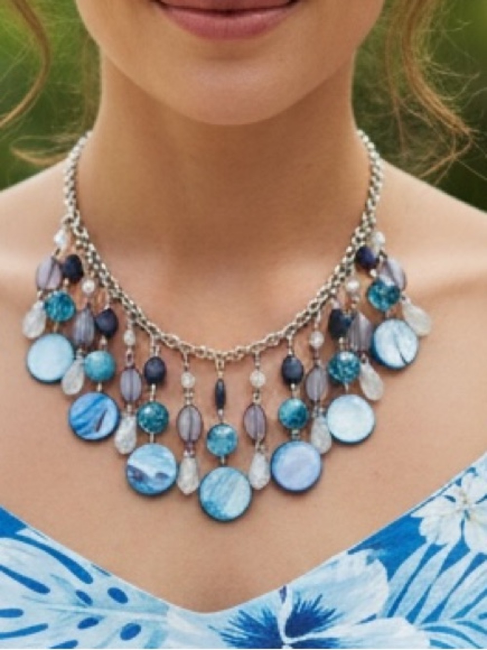 VINTAGE BLUE BEADED BIB STATEMENT NECKLACE Chandelier Bohemian Silvertone